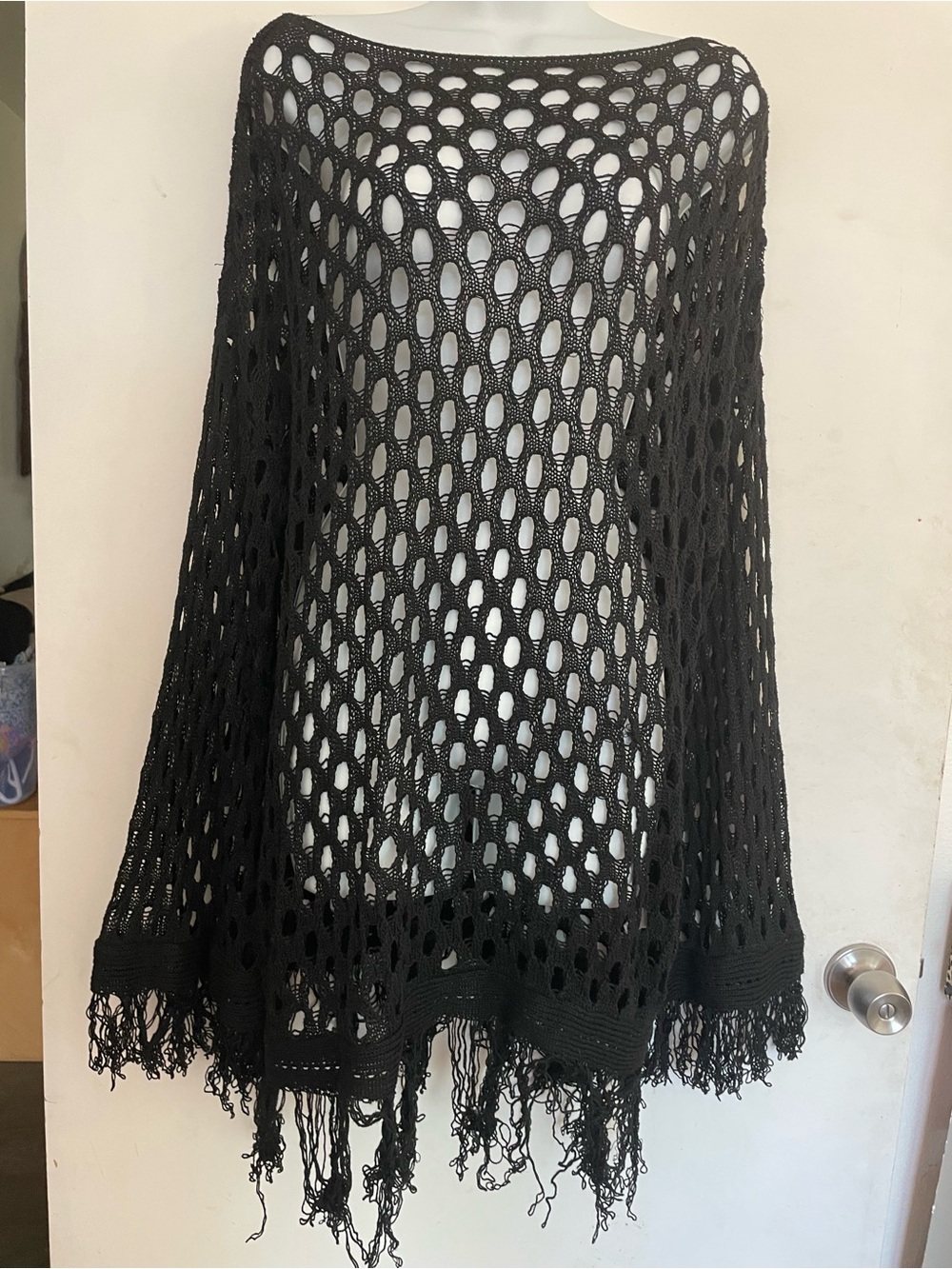 Black Open Crochet Fringe Poncho